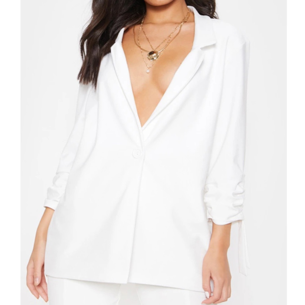 White Ruched Sleeve Blazer
